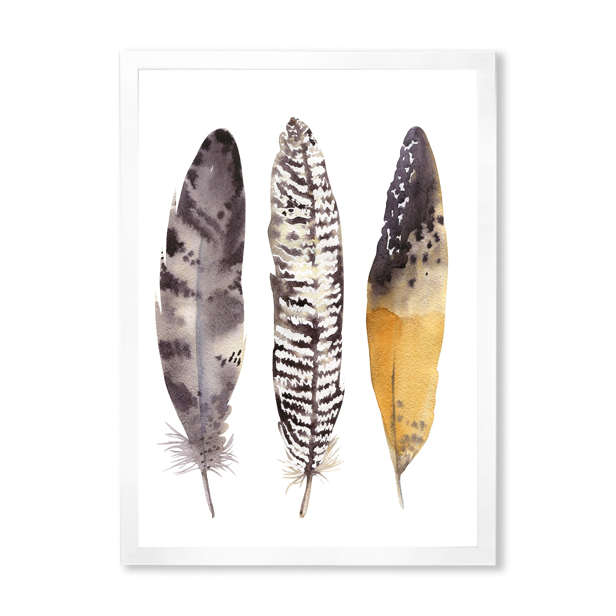 Designart 'Boho Ethnic Art Dark Gray Feathers III' Bohemian & Eclectic Framed Art Print