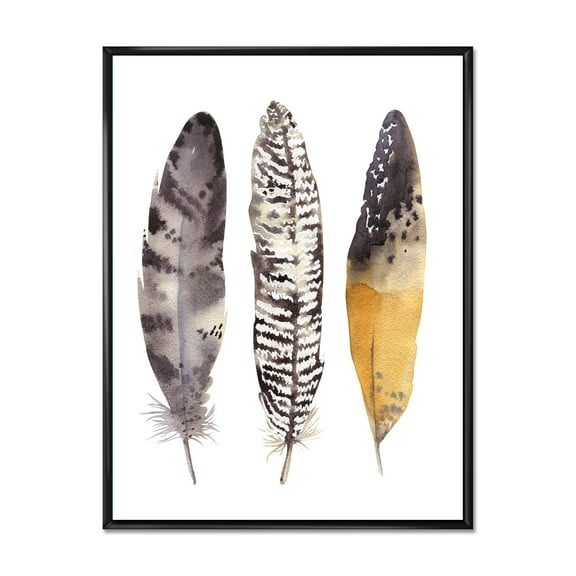 Designart 'Boho Ethnic Art Dark Gray Feathers III' Bohemian & Eclectic Framed Canvas Wall Art Print