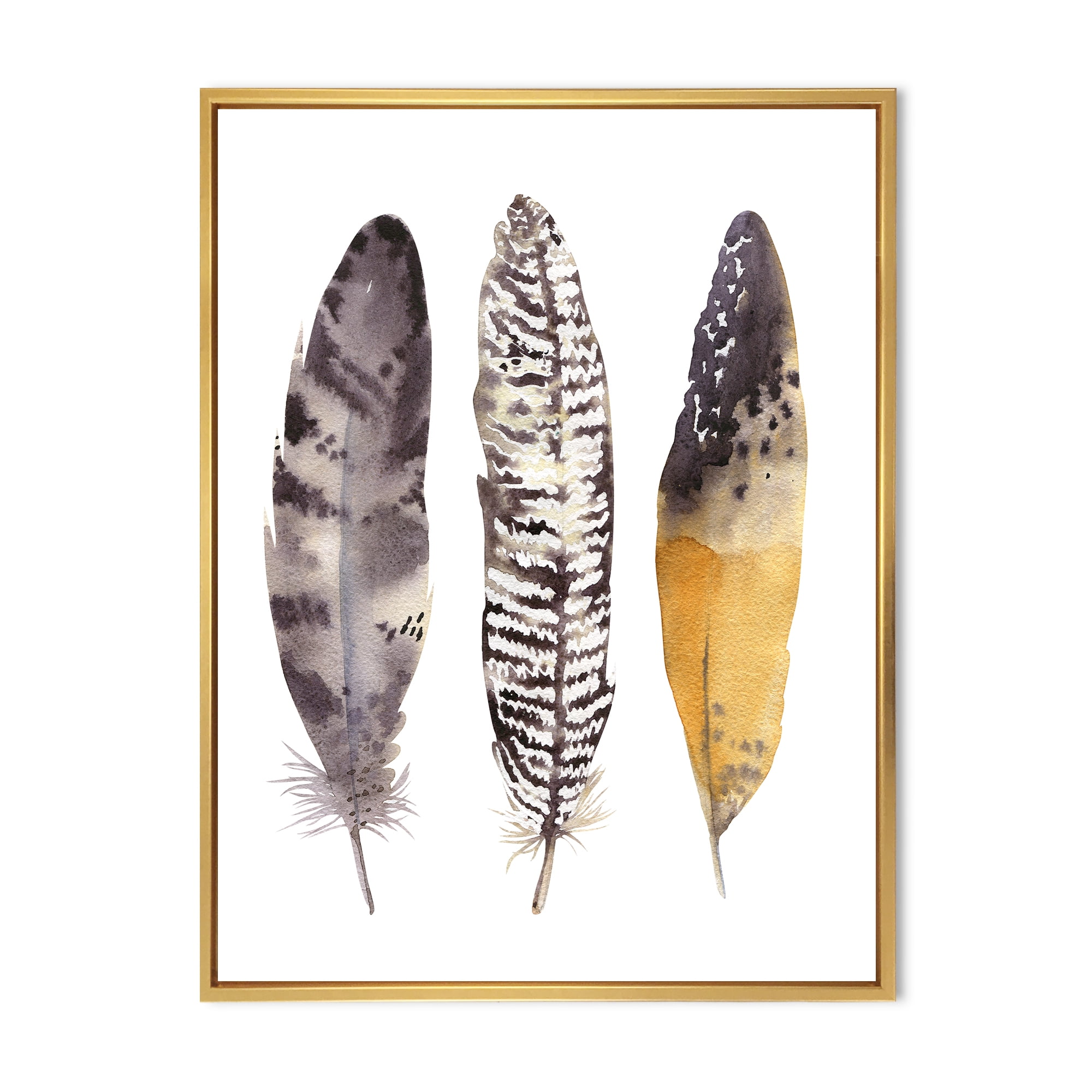 Designart 'Boho Ethnic Art Dark Gray Feathers III' Bohemian & Eclectic Framed Canvas Wall Art Print