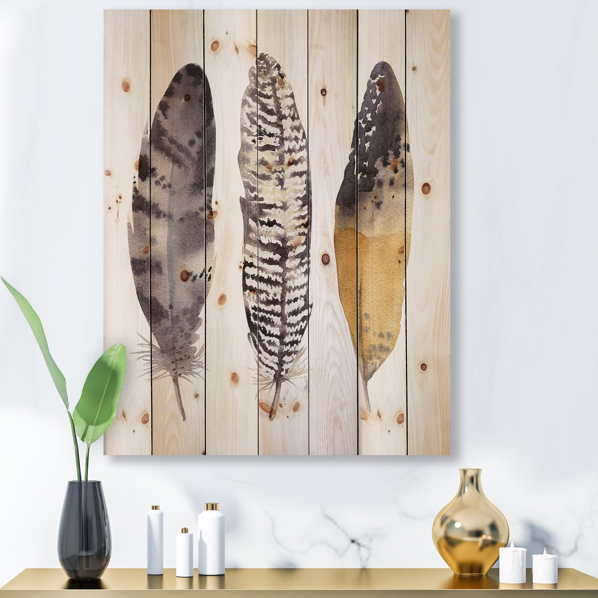 Designart 'Boho Ethnic Art Dark Gray Feathers III' Bohemian & Eclectic Print on Natural Pine Wood