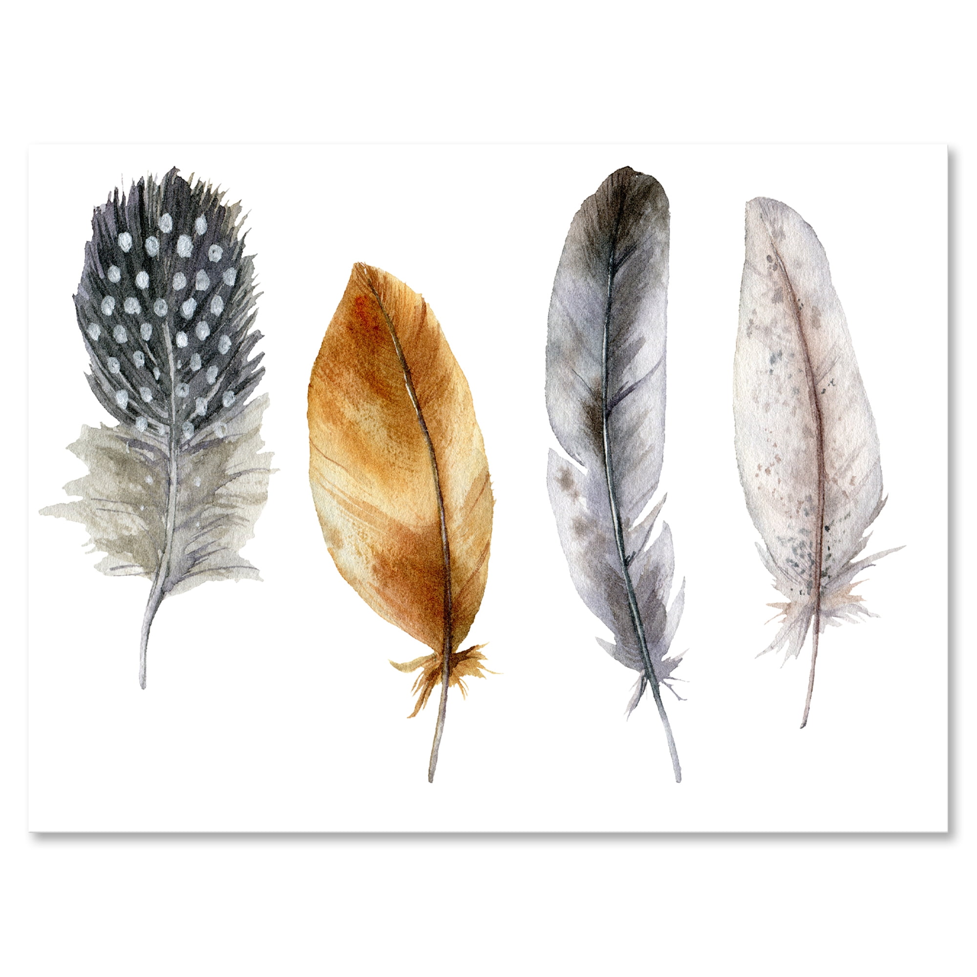 Designart ' Boho Feather In Blue and Orange Striped & Polka Dost ' Bohemian & Eclectic Canvas Wall Art Print