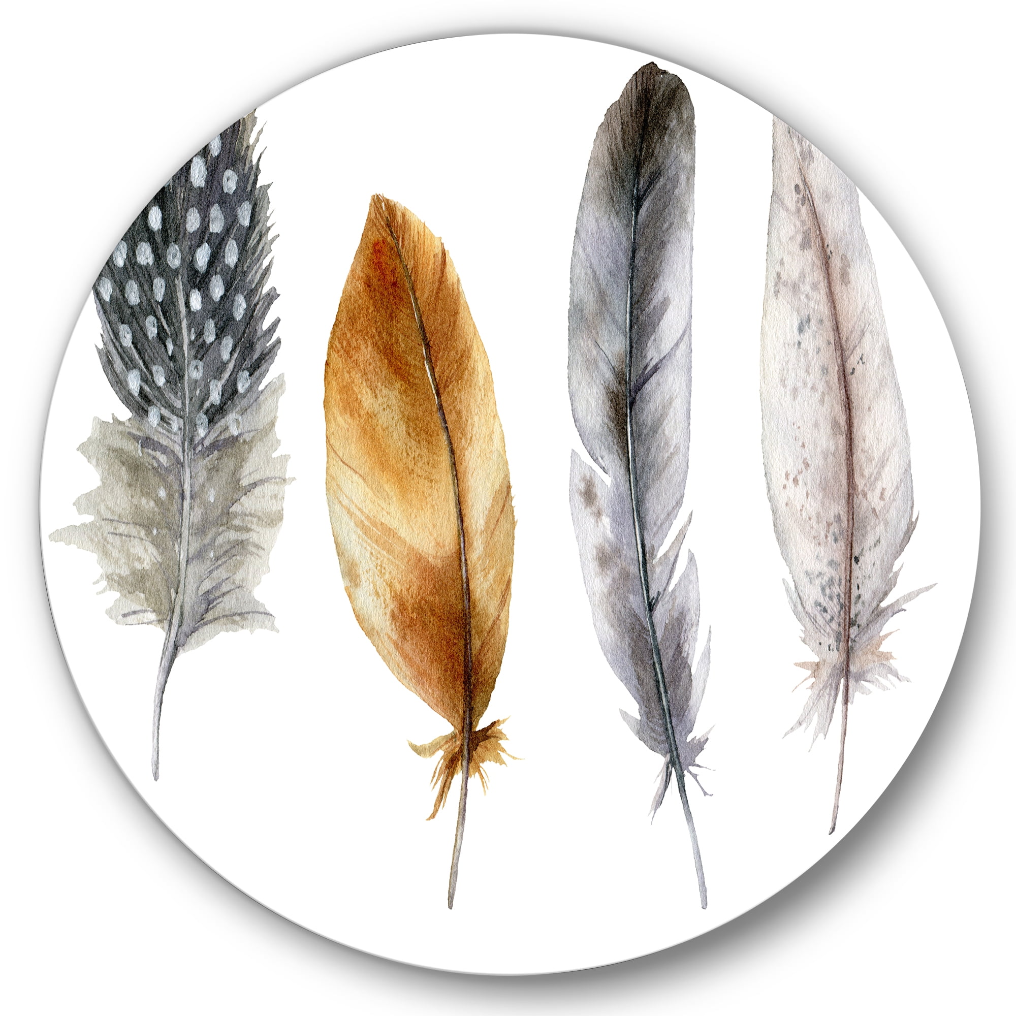 Designart 'Boho Feather In Blue and Orange Striped & Polka Dost' Bohemian & Eclectic Circle Metal Wall Art 11x11 - Disc of 11