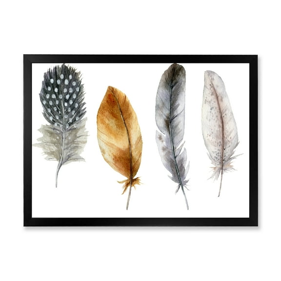 Designart 'Boho Feather In Blue and Orange Striped & Polka Dost' Bohemian & Eclectic Framed Art Print