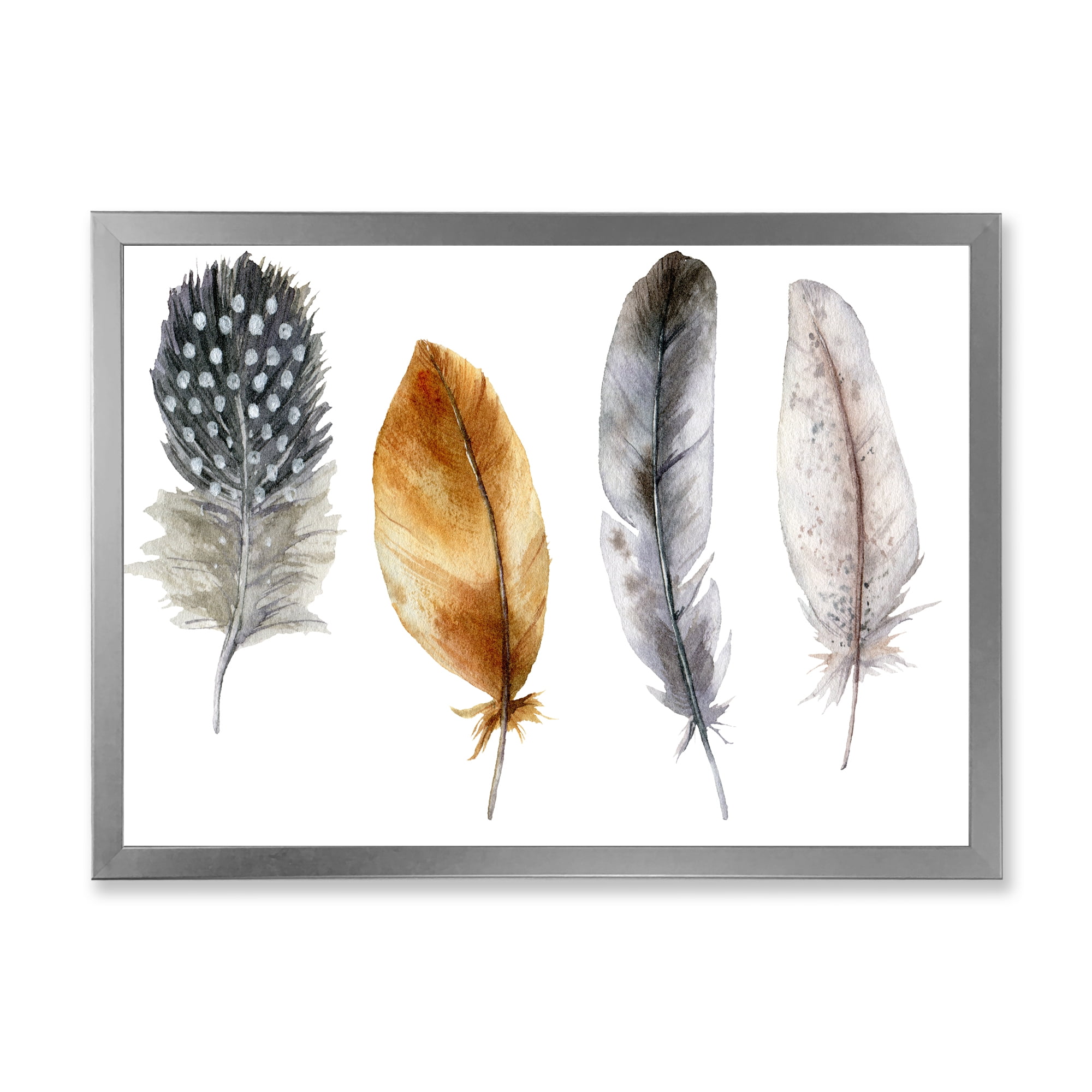 Designart 'Boho Feather In Blue and Orange Striped & Polka Dost' Bohemian & Eclectic Framed Art Print