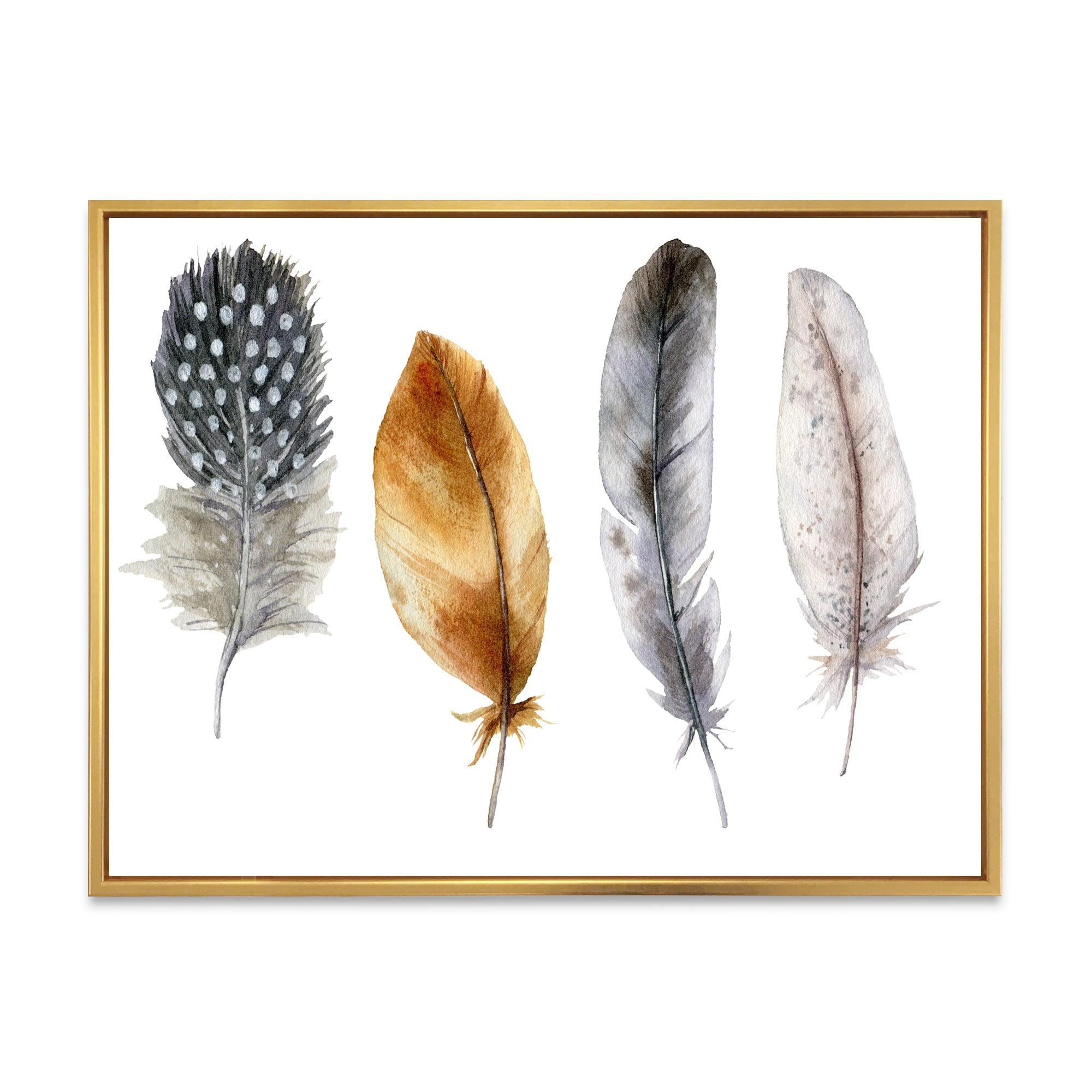 Designart 'Boho Feather In Blue and Orange Striped & Polka Dost' Bohemian & Eclectic Framed Canvas Wall Art Print