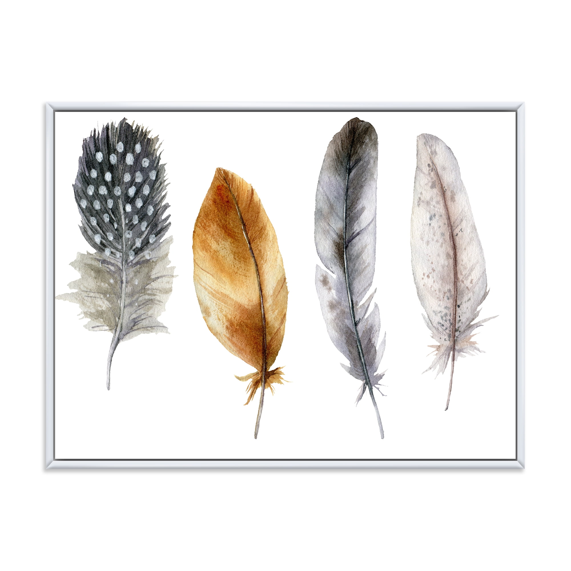 Designart 'Boho Feather In Blue and Orange Striped & Polka Dost' Bohemian & Eclectic Framed Canvas Wall Art Print