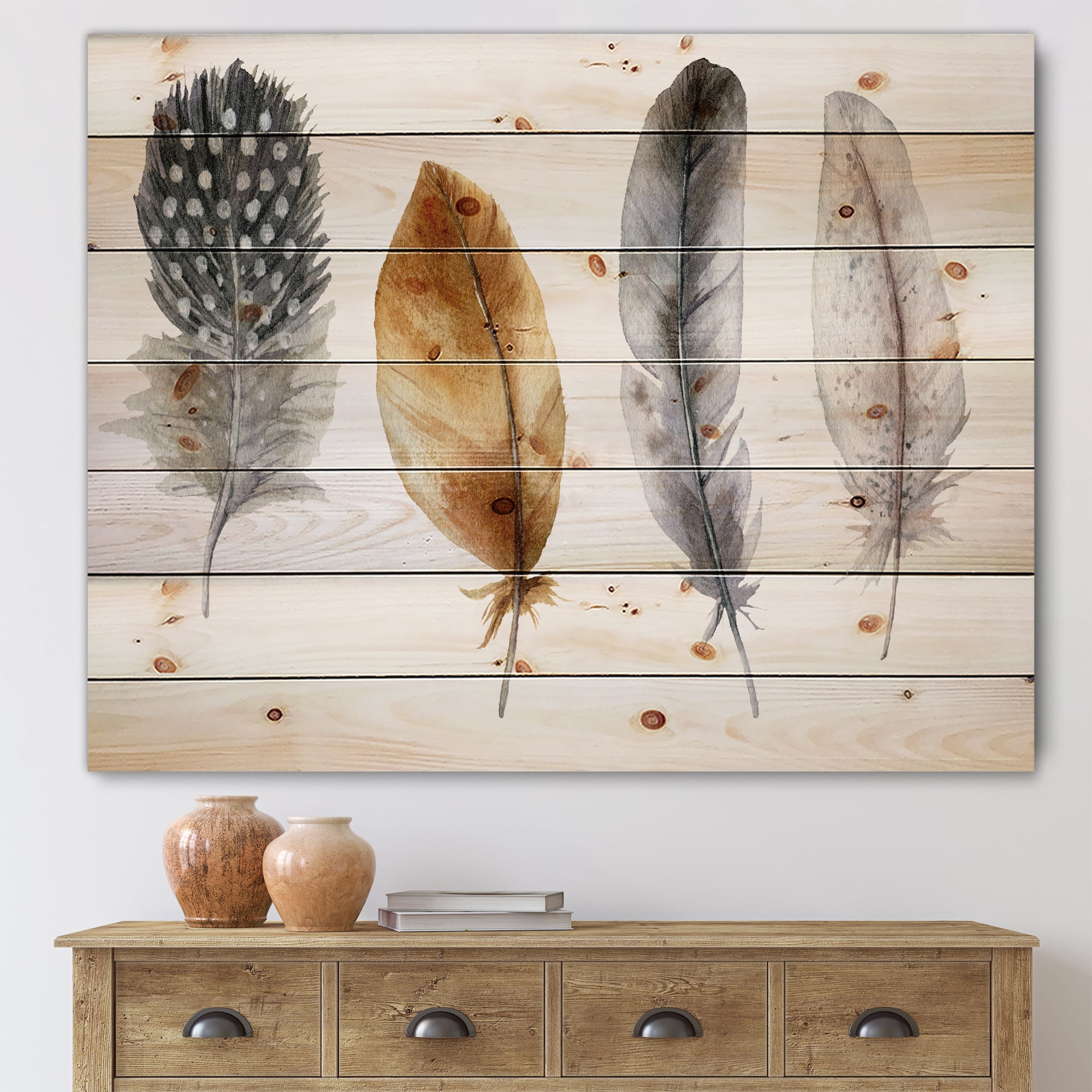 Designart 'Boho Feather In Blue and Orange Striped & Polka Dost' Bohemian & Eclectic Print on Natural Pine Wood
