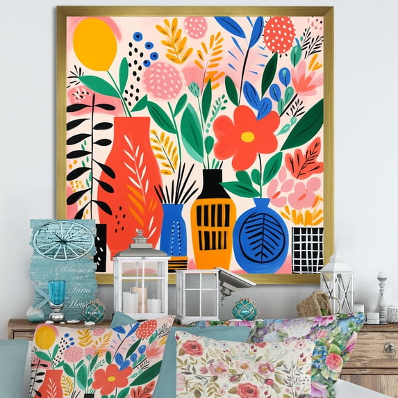Designart "Boho Flower Bouquet in the Style of Henri Matisse II" Geometric Framed Wall Art Decor - Bohemian Pink Boho Pottery Bedroom Framed Canvas Wall Art