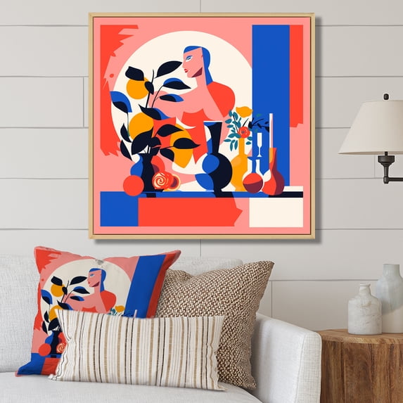 Designart "Boho Flower Bouquet in the Style of Henri Matisse VI" Geometric Framed Wall Art - Bohemian Pink Boho Pottery Bedroom Framed Canvas Wall Art