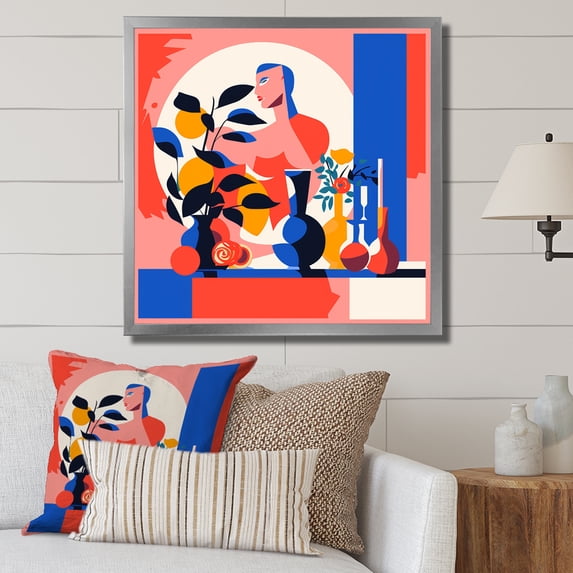 Designart "Boho Flower Bouquet in the Style of Henri Matisse VI" Geometric Framed Wall Art Decor - Bohemian Pink Boho Pottery Bedroom Framed Canvas Wall Art