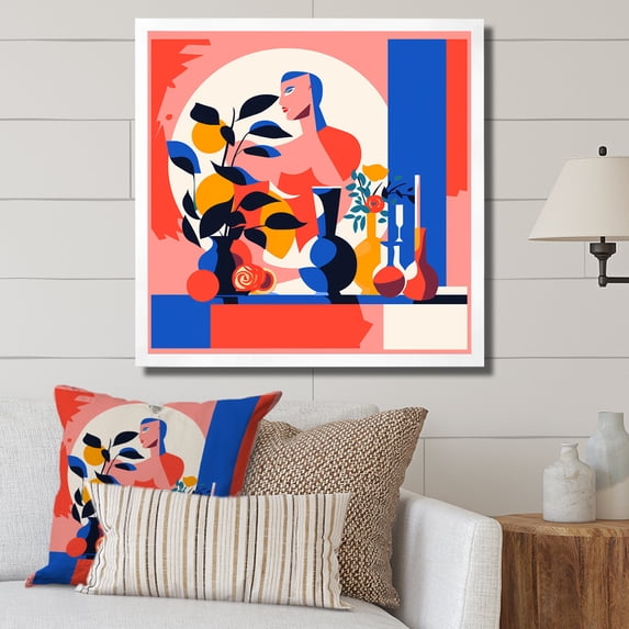 Designart "Boho Flower Bouquet in the Style of Henri Matisse VI" Geometric Framed Wall Art Decor - Bohemian Pink Boho Pottery Bedroom Framed Canvas Wall Art