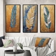 thumbnail image 1 of Designart "Boho Glam Exquisite Blue Feather On Gold" Feathers Framed Wall Art Set Of 3 - Gold Modern Frame Canvas Set For Living Room Decor, 1 of 6