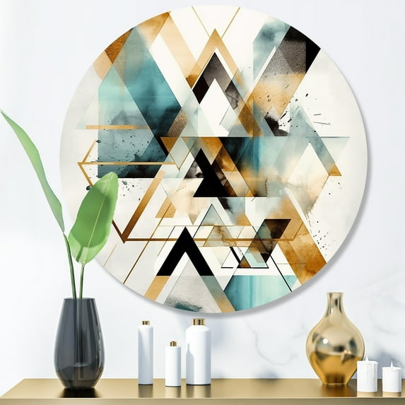 Designart "Boho Greens Triangular Intrigue IV" Modern Geometric Round Metal Art