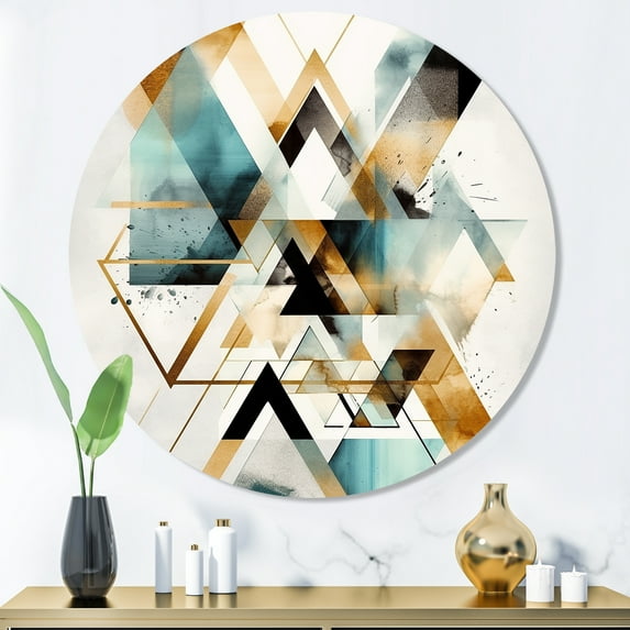 Designart "Boho Greens Triangular Intrigue IV" Modern Geometric Round Metal Art