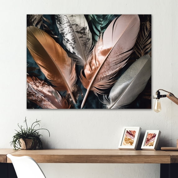 Designart "Boho Majesty Pink Feather II" Glam Feather Metal Wall Decor