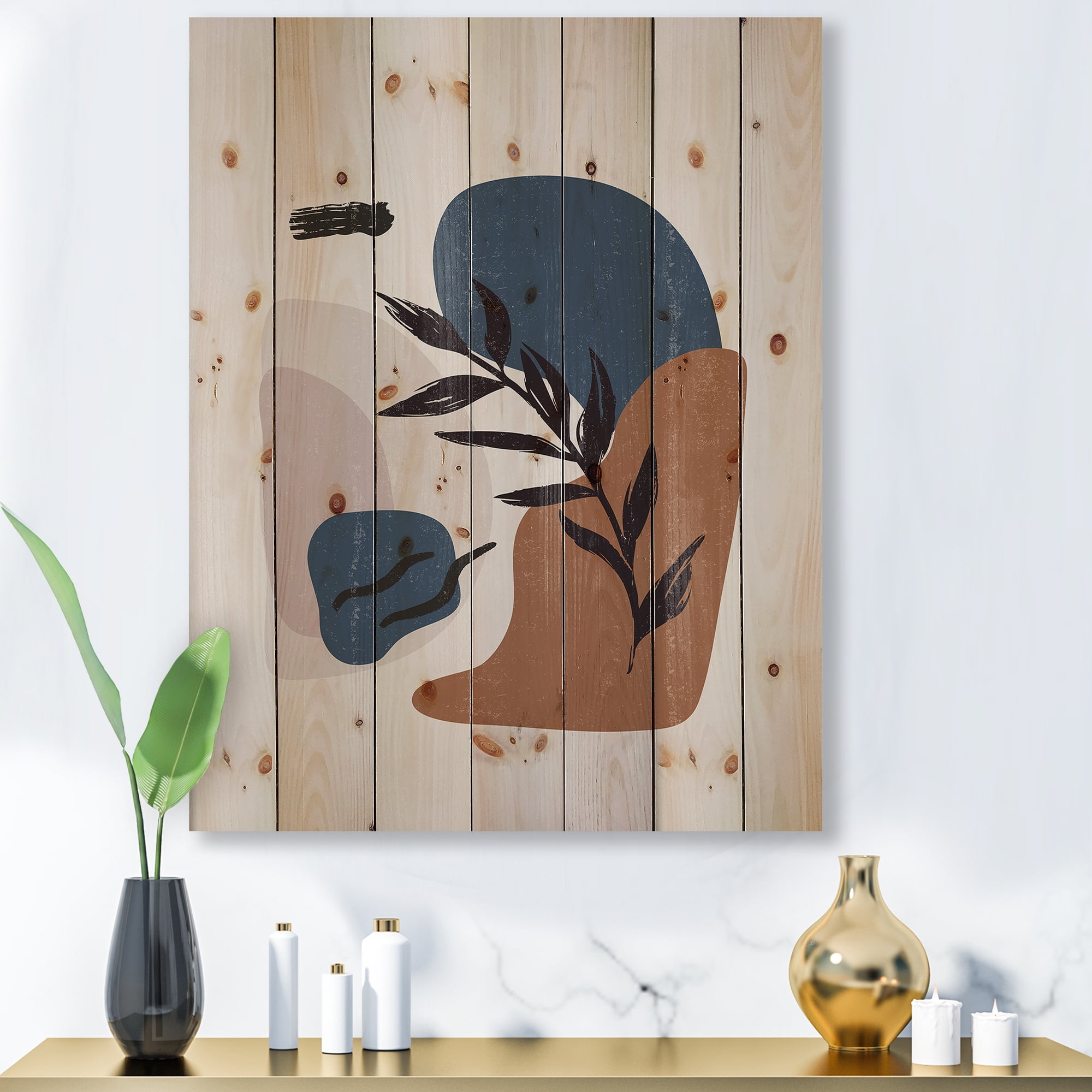Designart 'Boho Minimalist Botanical Vintage Print' Modern Print on Natural Pine Wood