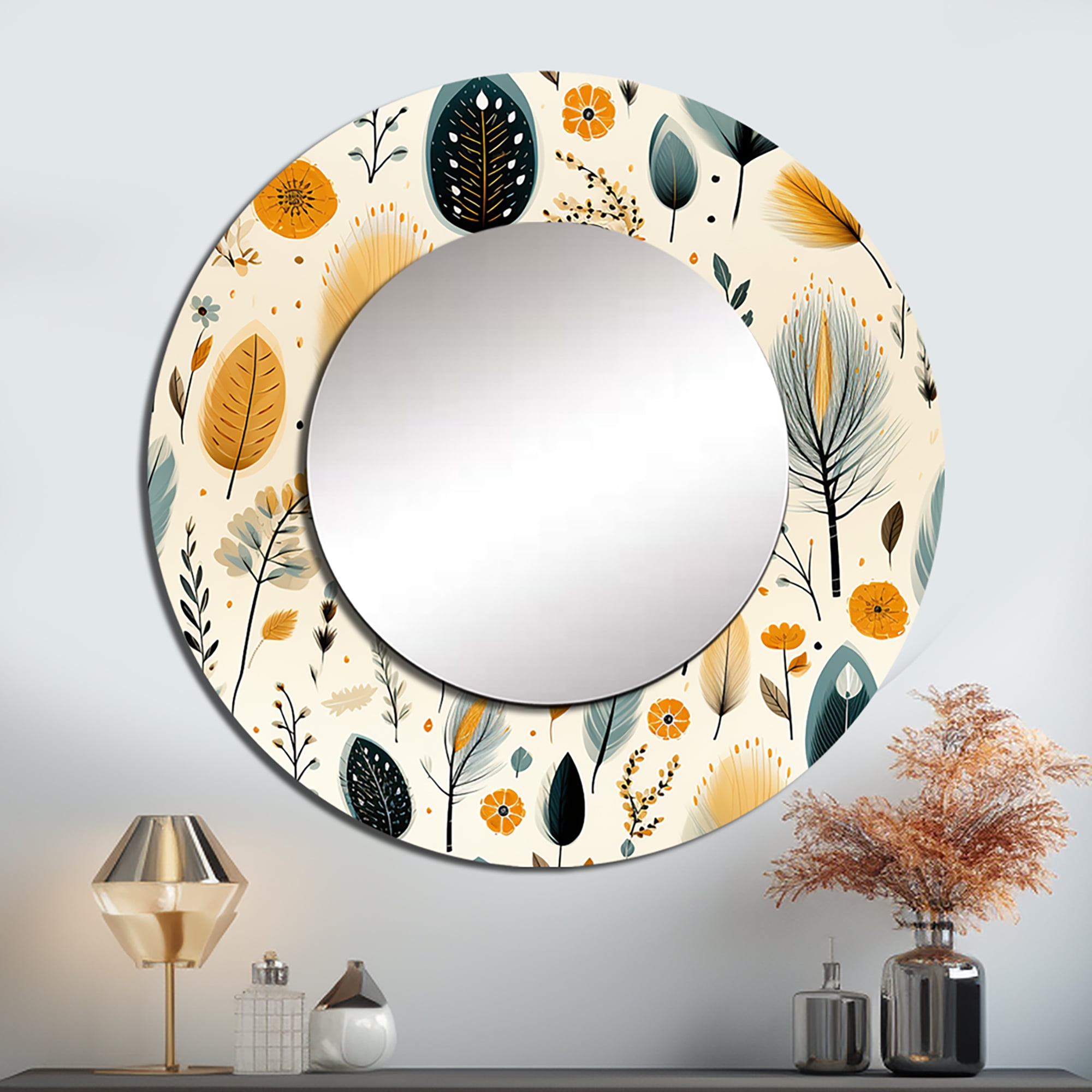Designart "Boho Naturalist" Botanical Round Mirror Wall Decor Bohemian ...