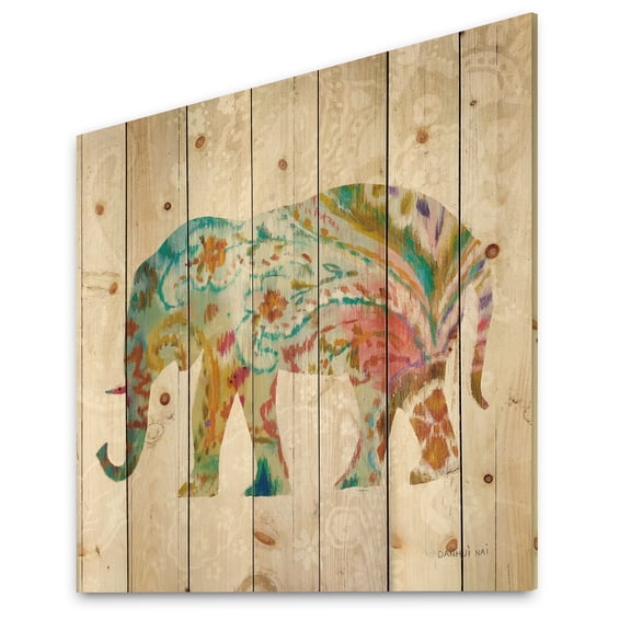 Designart 'Boho Paisley Elephant II' Bohemian & Eclectic Print on Natural Pine Wood