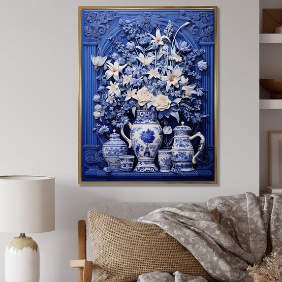 Designart "Boho Plant Pottery in Blue and White III" Geometric Framed Wall Art - Bohemian White Boho Pottery Living Room Framed Canvas Art