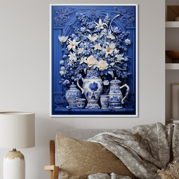 Designart "Boho Plant Pottery in Blue and White III" Geometric Framed Wall Art - Bohemian White Boho Pottery Living Room Framed Canvas Art