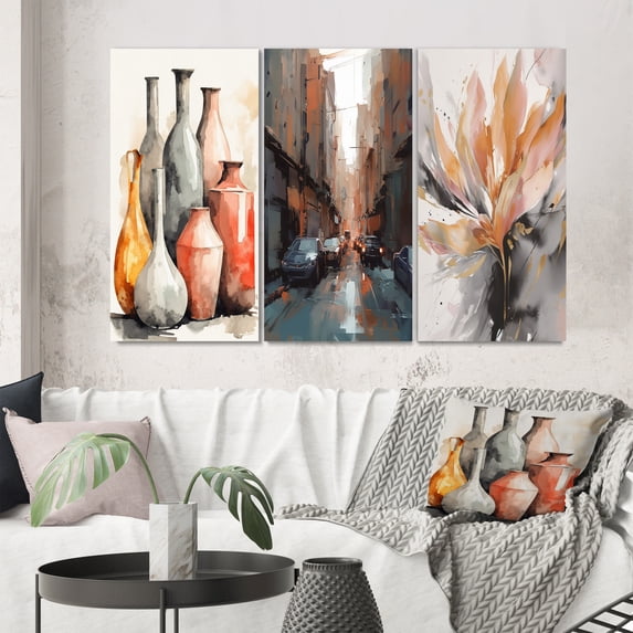 Designart "Boho Pottery Vase Artistry in Orange and Grey" Boho Pottery Wall Art Set Of 3 - Orange Boho Pottery Gallery Set For Office Decor