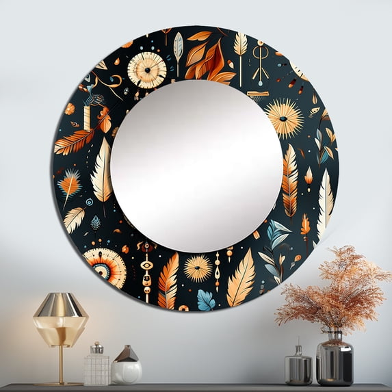 Designart "Boho Vintage Explorer" Floral Rund Mirror For Wall Decor - Large Browns Round Printed Mirror -Bohemian Round Living Room Mirror - 23" x 23"