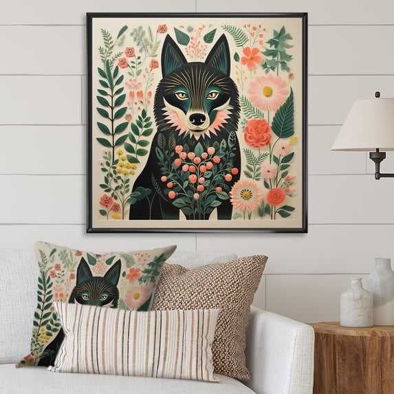 Designart "Boho Wolf in Pink and Green I" Animals Framed Wall Art - Traditional Green Wolf Living Room Framed Canvas Art