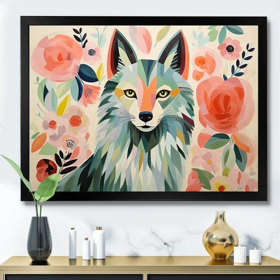 Designart "Boho Wolf in Pink and Green III" Animals Framed Wall Art Decor - Modern Farmhouse Green Wolf Living Room Framed Canvas Art