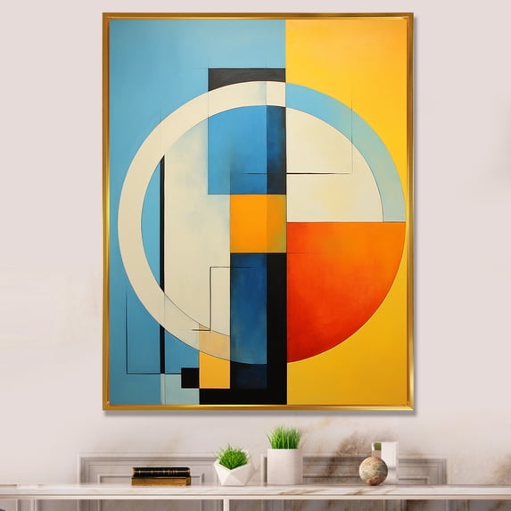 Designart "Bold Bauhaus Coral and Yellow Mid Century" Abstract Floater Framed Wall Decor