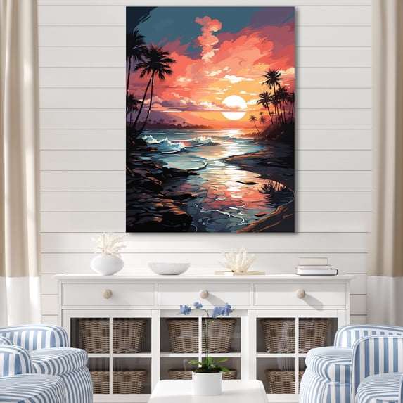 Designart "Bold Beach Beauty Orange Sunset Scene I" Coastal Canvas Wall Art - Coastal Blue Coastal Beach Bedroom Canvas Wall Art