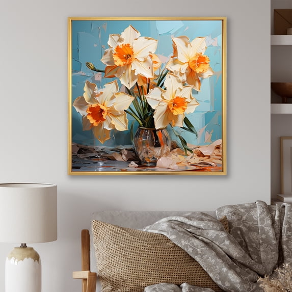 Designart "Bold Brushstrokes In Daffodil Bloom" Daffodils Floater Framed Canvas Prints