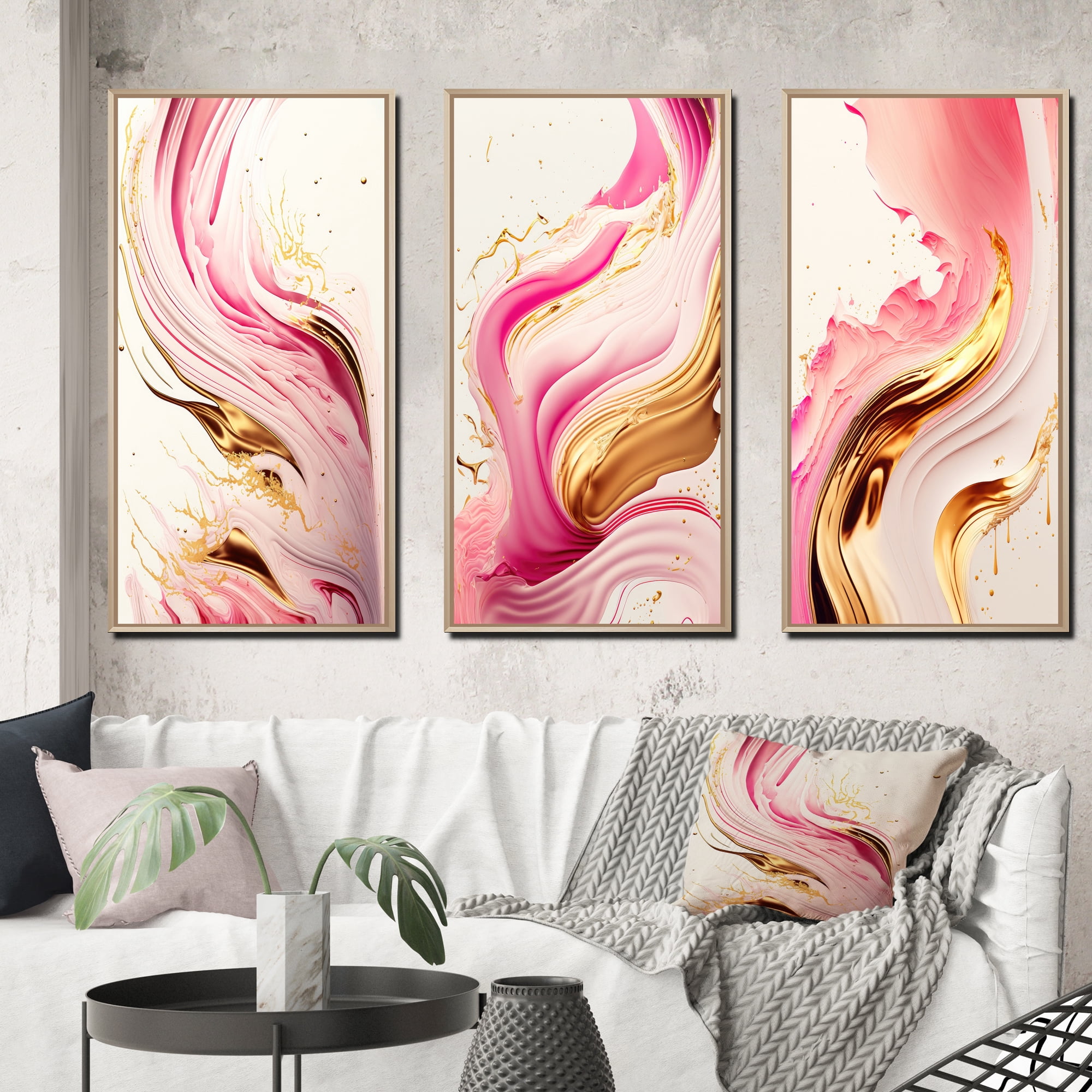 Designart "Bold Flowing Pink and Gold I" Modern Framed Wall Art Set Of ...