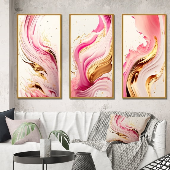Designart "Bold Flowing Pink and Gold I" Modern Framed Wall Art Set Of 3 - Pink Abstract Spirals Frame Gallery Wall Set For Home Decor