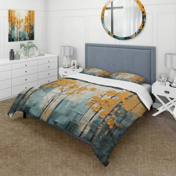 Designart "Bold Forest Beauty Yellow and Grey III" Forest Bedding Covert Set - Traditional Yellow Landscapes Bed Set With 1 Sham