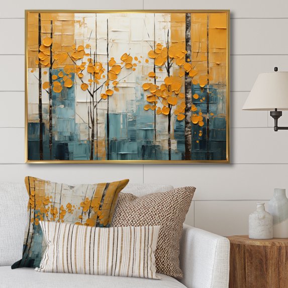 Designart "Bold Forest Beauty Yellow and Grey III" Forest Floater Framed Wall Decor