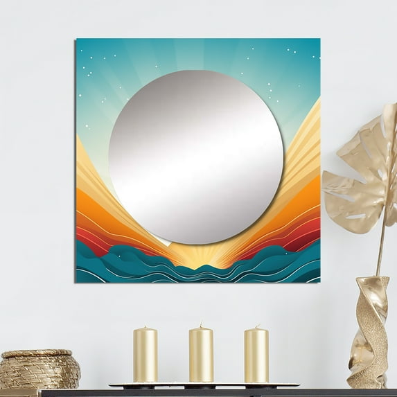 Designart "Bold Graphic Sunset Teal And Orange" Modern Geometric Square Mirror Wall Decor Modern - Large Teal Square Bathroom Mirror - Square Printed Wall Mirror Art