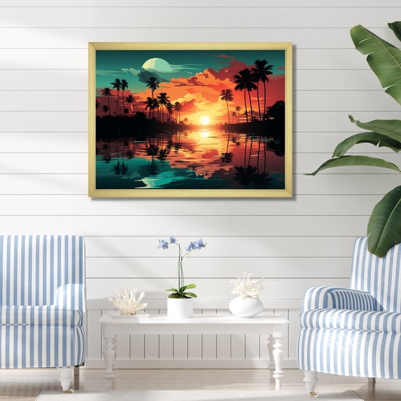 Designart "Bold Landscape Orange Sunset II" Coastal Framed Wall Art Decor - Coastal Orange Coastal Sunset Entryway Framed Wall Art