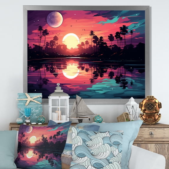 Designart "Bold Landscape Purple Sunset" Coastal Framed Wall Art Decor - Coastal Purple Coastal Sunset Bedroom Framed Canvas Wall Art
