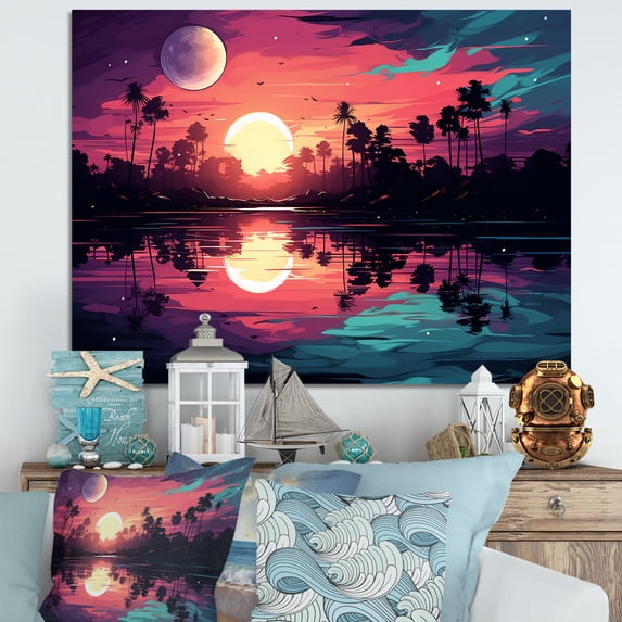 Designart "Bold Landscape Purple Sunset" Oversized Coastal Wall Art - Coastal Purple Coastal Sunset Bedroom Canvas Wall Art