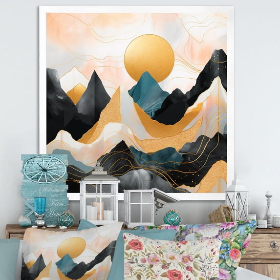 Designart "Bold Landscape with Pink and Gold Mountains II" Food & Beverage Framed Wall Art Decor - Traditional Beige Fruits Entryway Framed Wall Art