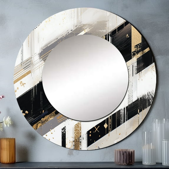 Designart "Bold Stripes Gold Black Composition" Cubism Rund Mirror For Wall Decor - Large Gold Round Print Mirror - Round Modern Mirror - Wall Mounted Round Large Mirror - 23" x 23"