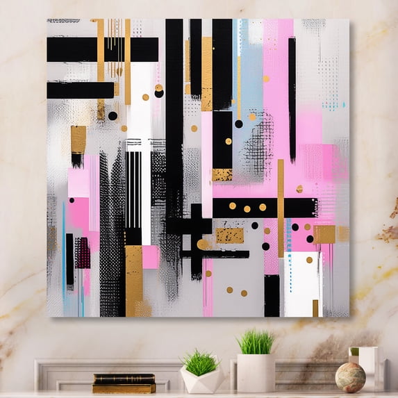 Designart "Bold Stripes Pink Gold Elegance" Cubism Metal Art Living Room