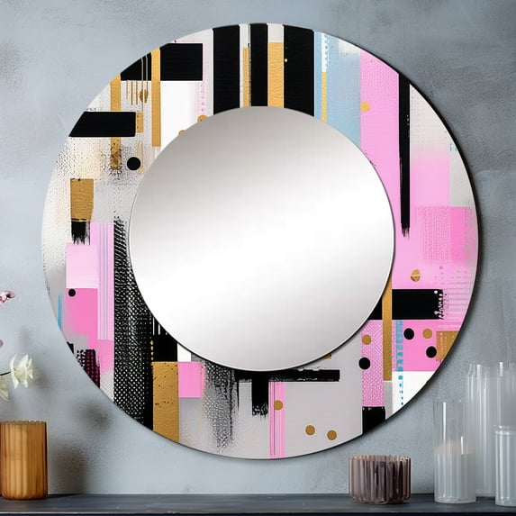 Designart "Bold Stripes Pink Gold Elegance" Cubism Rund Mirror For Wall Decor - Large Pink Round Printed Mirror - Mid-Century Round Mirror 23" x 23" Inch