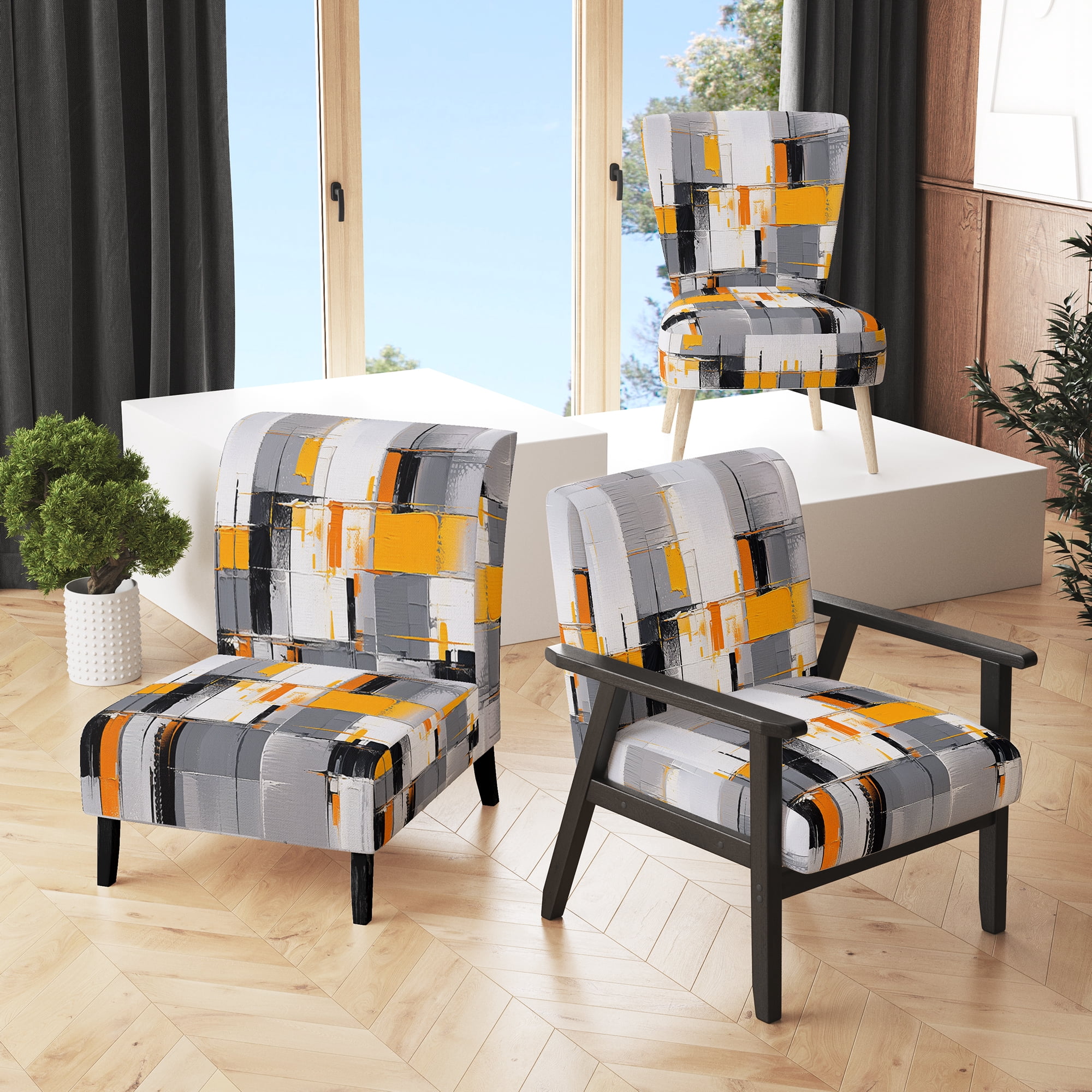 Designart "Bold Stripes Yellow Grey Contrast" Yellow Cubism Upholstered ...