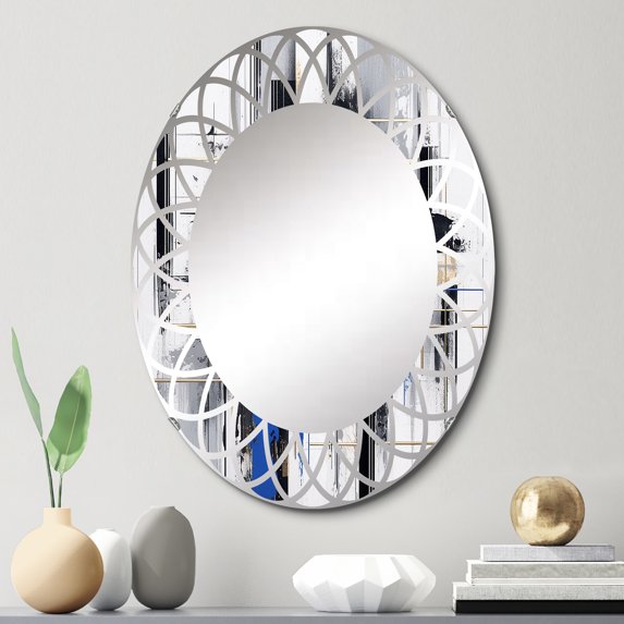 Designart "Bold Stripes in Blue and Gold II" Cubism Round Wall Mirror - Modern Oval Printed Decorative Oversized Mirror - Multiple Color Options