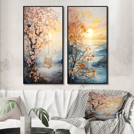 Designart "Bold Sunrise magic Renewal II" Sunrisesunset Framed Wall Art Set Of 2 - Yellow Landscapes Frame Gallery Set For Office Decor