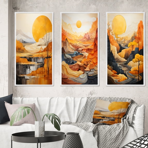 Designart "Bold horizon Canyon Desert X" Landscape & Nature Framed Wall Art Set Of 3 - Yellow Canyon Frame Canvas Set For Living Room Decor