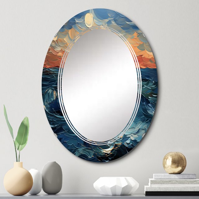 Designart "Boldness of the Azure River I" Modern Round Wall Mirror - Landscapes Oval Printed Decorative Oversized Mirror - Multiple Color Options