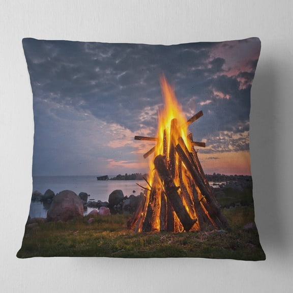 Designart Bonfire on Beach in Summer Night - Landscape Printed Throw Pillow - 16x16