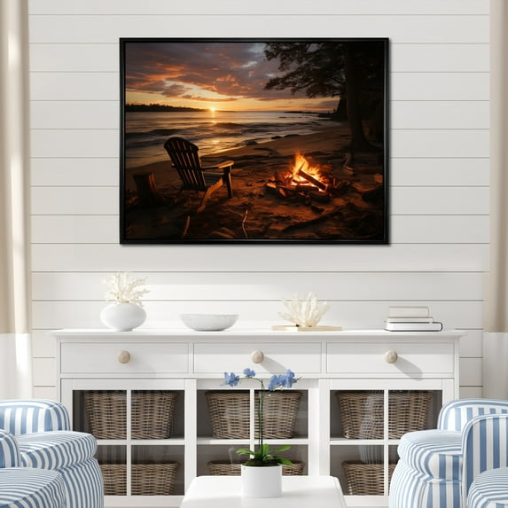 Designart "Bonfire on the Beach in a Photo II" Nautical & Beach Floater Framed Canvas Print